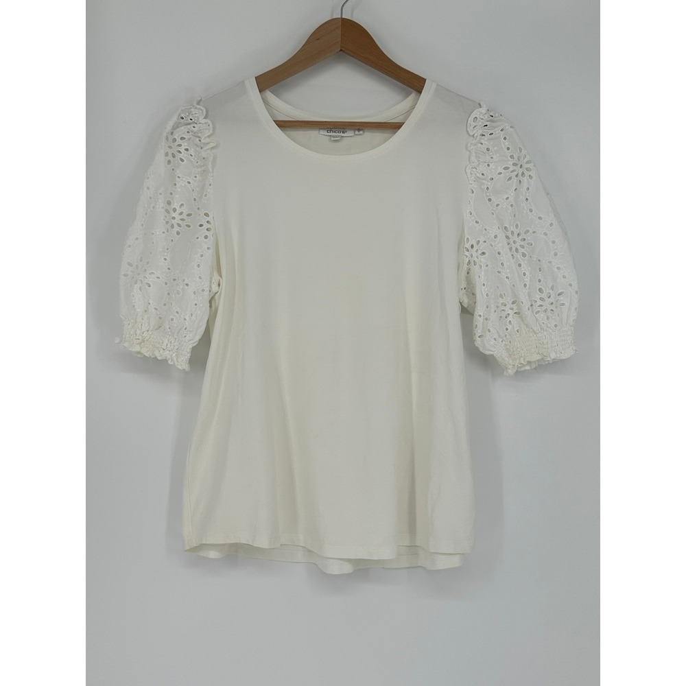 Chicos Eyelet Puff Sleeve Knit Top Off White Ivory Cotton Blend Crewneck XL